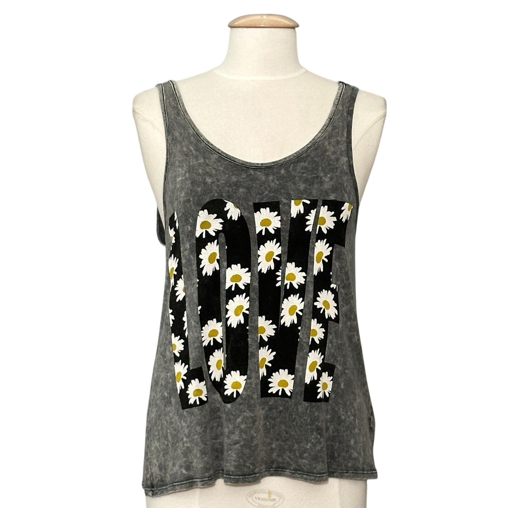 VTG Y2K Women Top S Gray Mineral Wash LOVE Daisies Tank T Shirt Indie 90s Grunge